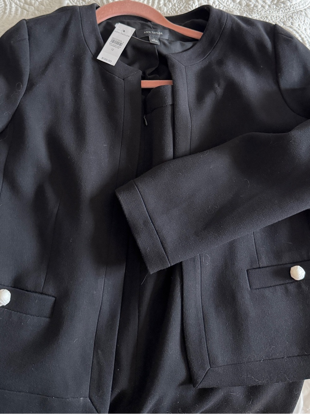 Ann Taylor Black Collarless Suit Jacket with Pearl Button and Skirt